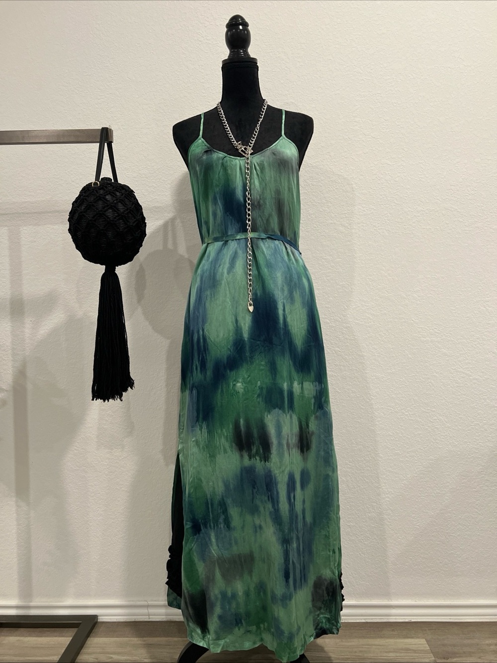 Raquel Allegra Green & Navy Tie-Dye Slip Maxi Dress